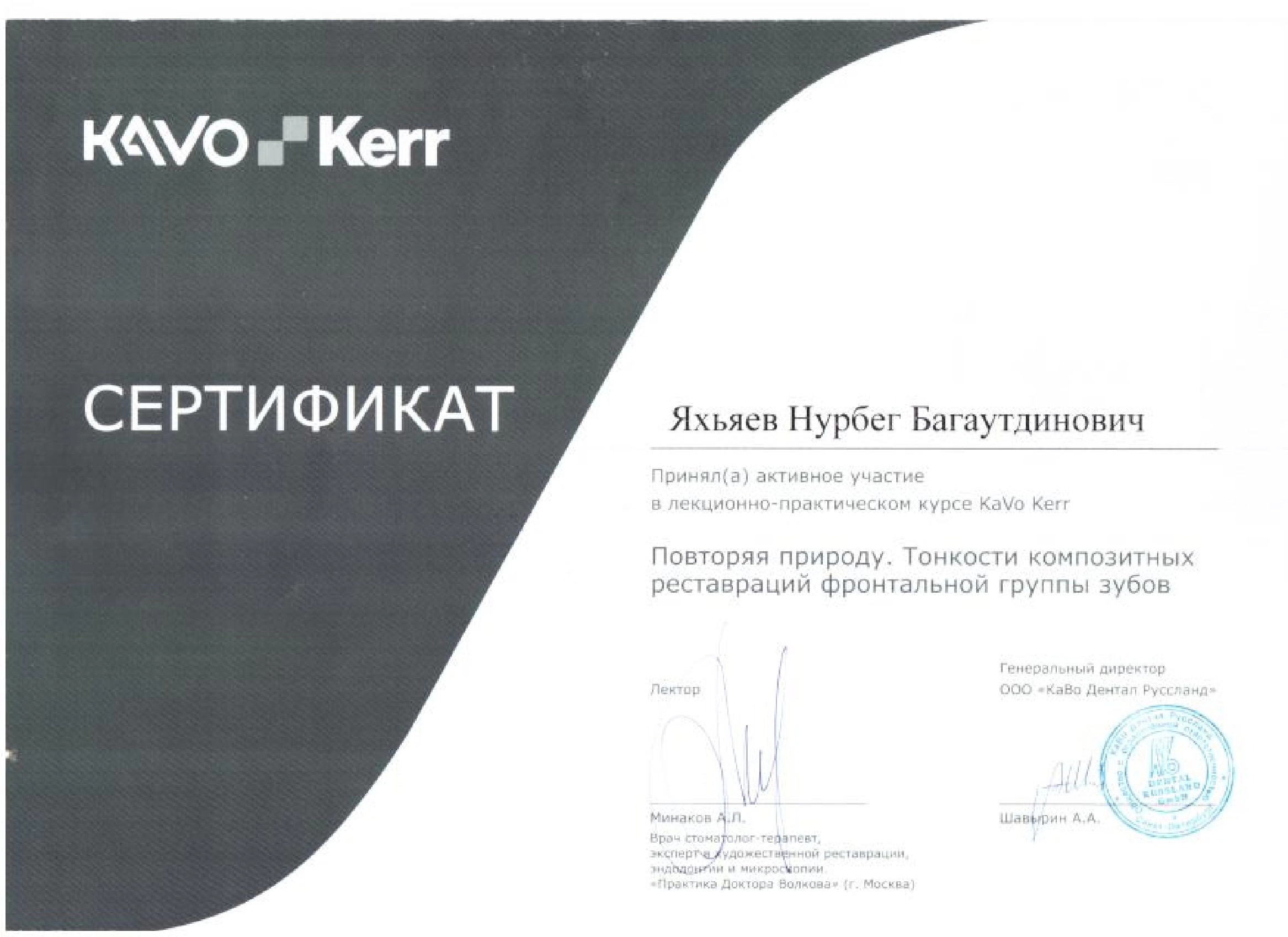 Сертификат дополнительного профессионального образования Яхьяев Нурбег Багаутдинович